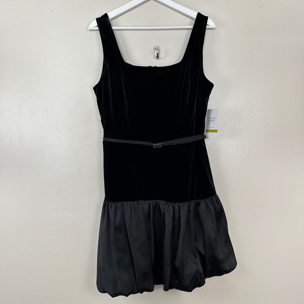 Maison Tara Women's 14‎ Cocktail Dress Black Velvet Bubble Hem Belted Formal NEW